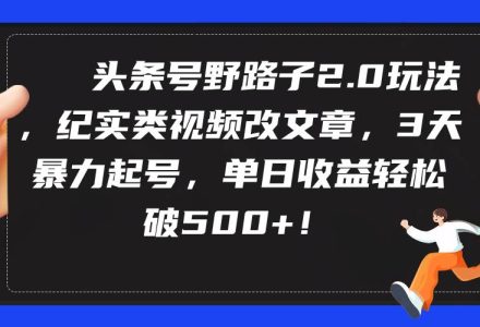 头条号野路子2.0玩法，纪实类视频改文章，3天暴力起号，单日收益轻松破500+-创艺项目网