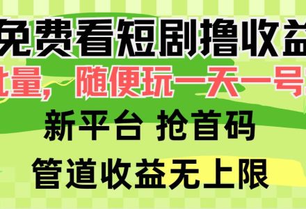 免费看短剧撸收益，可挂机批量，随便玩一天一号30+做推广抢首码，管道收益-创艺项目网